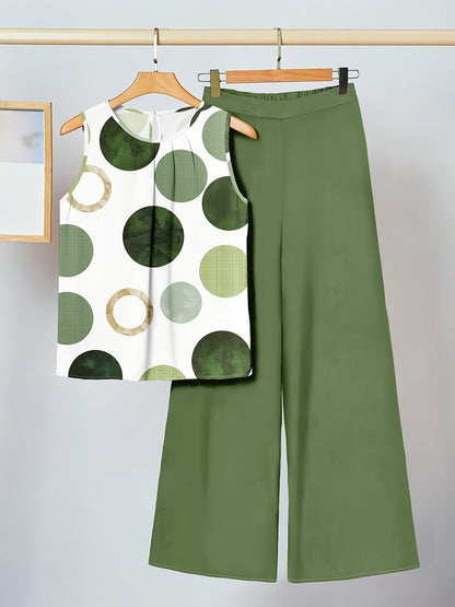 Women's Set – Sleeveless Patterned Top and Wide Pants, Fashionable Casual Look