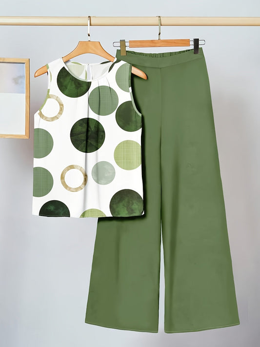 Women's Set – Sleeveless Patterned Top and Wide Pants, Fashionable Casual Look