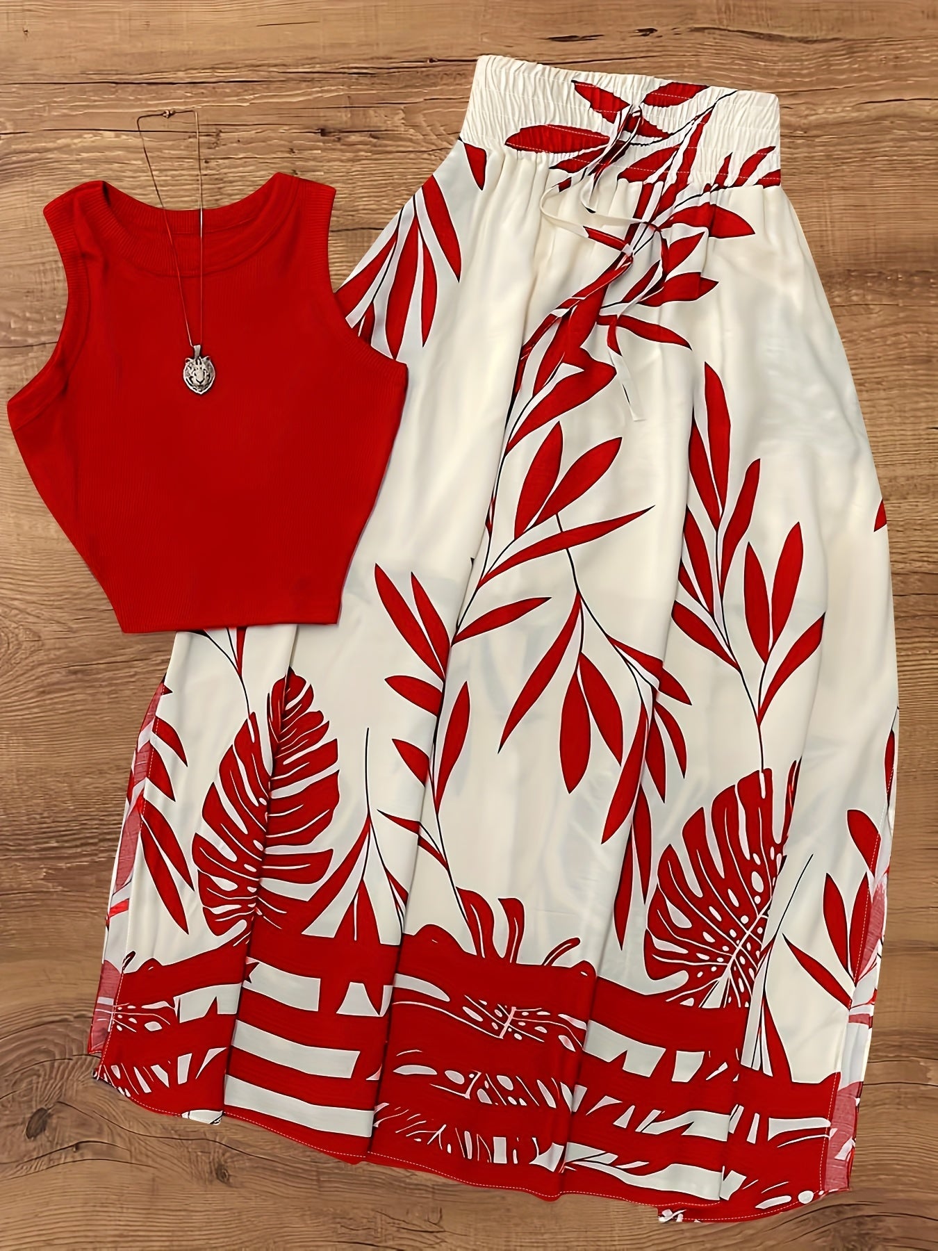 Women's Summer Set with Crop Top and Maxi Skirt – Tropical Print, Vacation, Casual