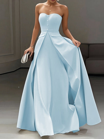 Women's Elegant Evening Dress with Bandeau Top and Button Placket – Perfect for Festive Occasions