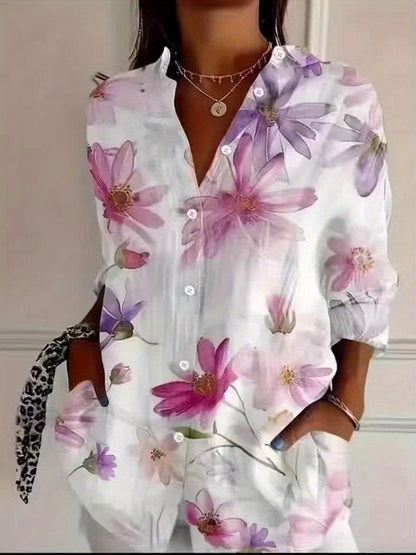 Women's Blouse with Floral Pattern – Elegant Long-Sleeve Shirt Blouse for Spring and Summer, Casual & Office