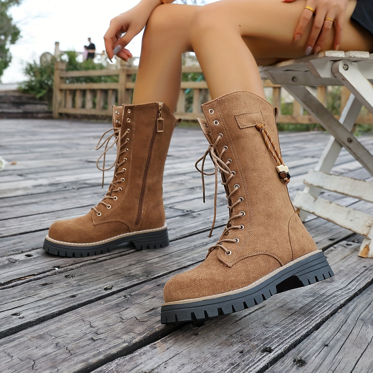Damen Schnürstiefel Stiefeletten Hellbraun Mittelhoch Profillaufsohle