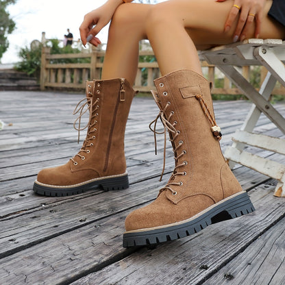 Damen Schnürstiefel Stiefeletten Hellbraun Mittelhoch Profillaufsohle