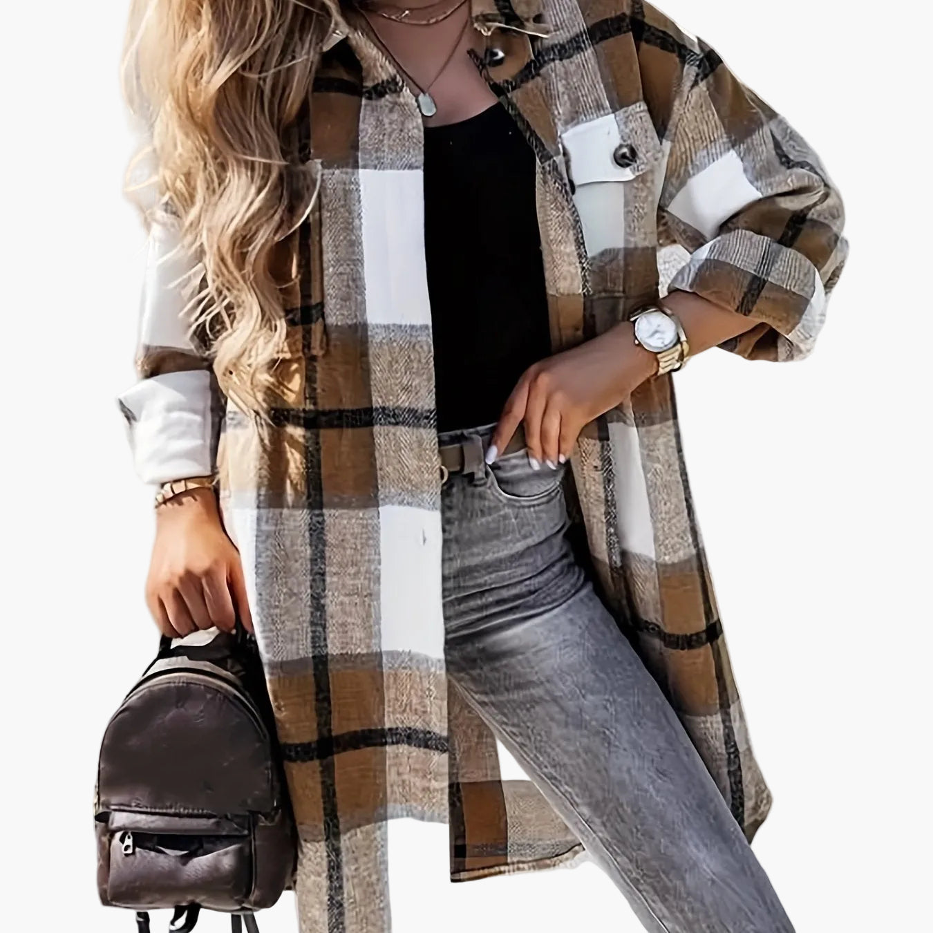 Women's Long Checked Oversize Shacket in Casual Look for Spring and Autumn