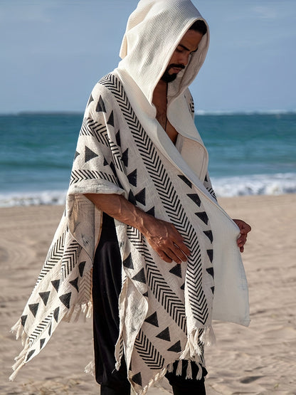 Men's Boho Beach Poncho with Hood and Geometric Pattern – Festival & Beach Cover-Up