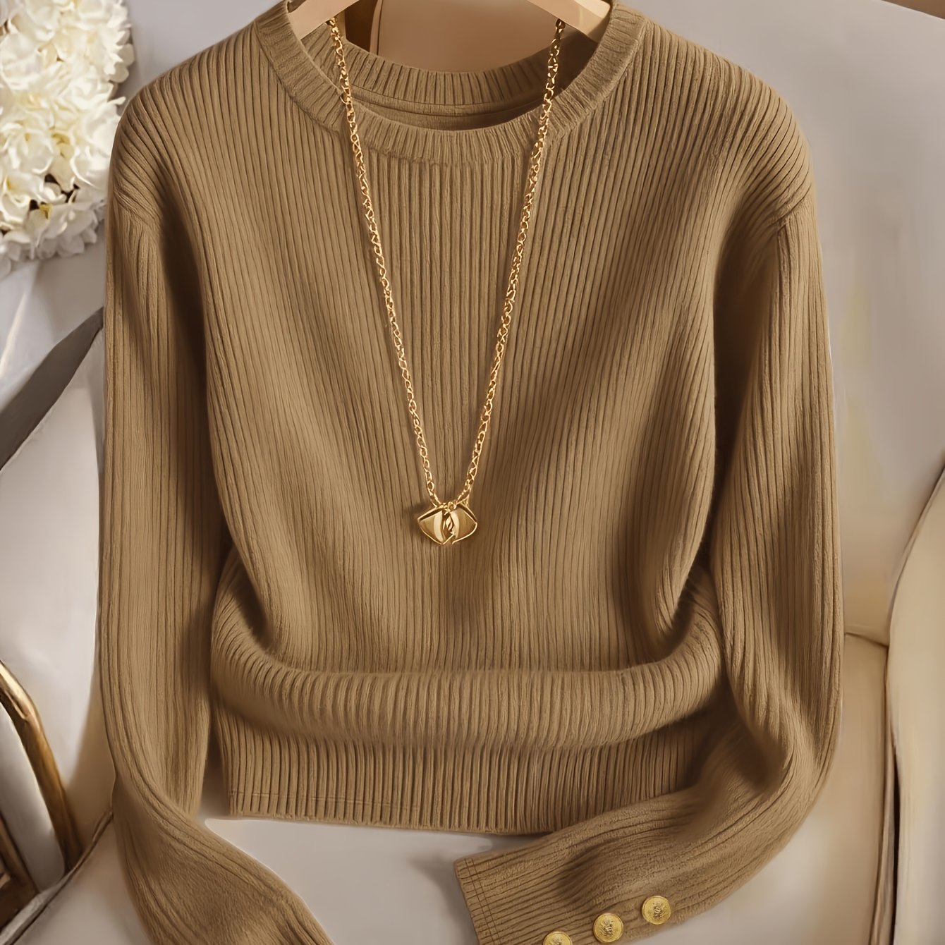 Women's rib-knit long-sleeve crew-neck sweater with buttons