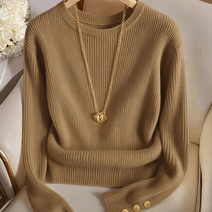 Women's rib-knit long-sleeve crew-neck sweater with buttons