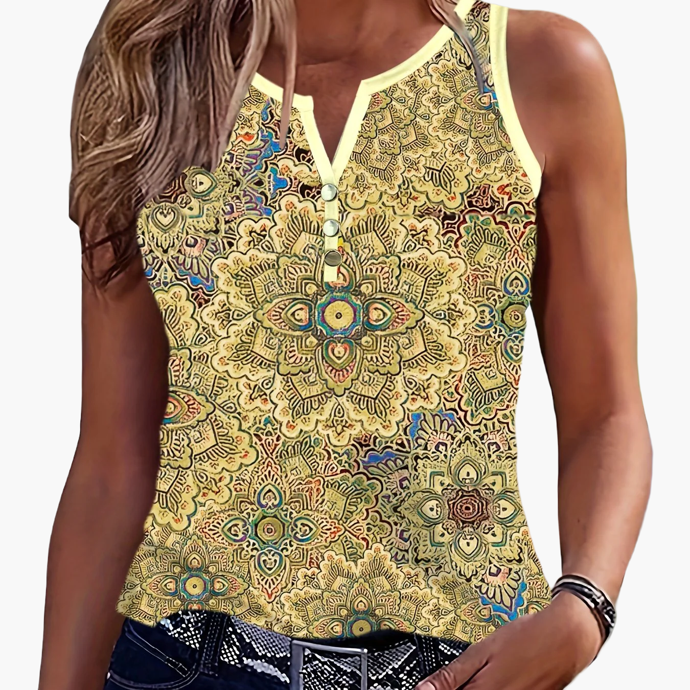 Women's Boho Top with Tribal Pattern and Button Placket – Fashionable Summer Tank Top for Casual Wear