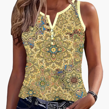 Women's Boho Top with Tribal Pattern and Button Placket – Fashionable Summer Tank Top for Casual Wear