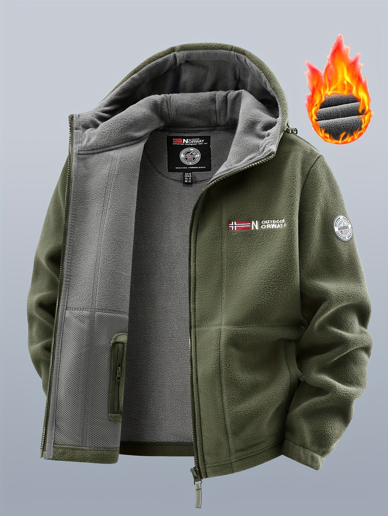 Thermo Fleecejacke mit Kapuze für Herren, durchgehender Reißverschluss