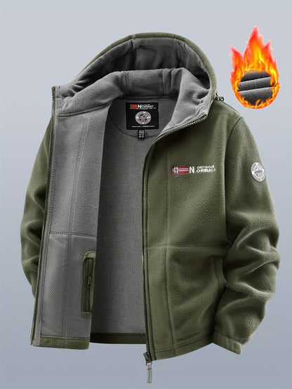Thermo Fleecejacke mit Kapuze für Herren, durchgehender Reißverschluss