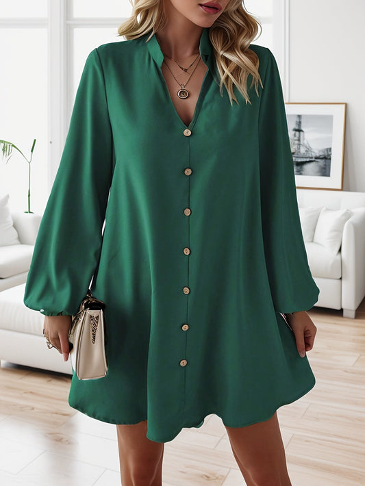 Women's casual dress with button placket, A-line cut, V-neck, elegant everyday style