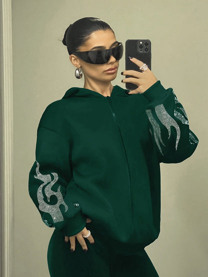 Women's hoodie with rhinestone flame pattern and hood, relaxed fit