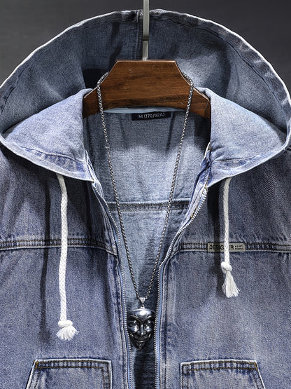 Men's denim vest with hood, sleeveless, with zipper and pockets