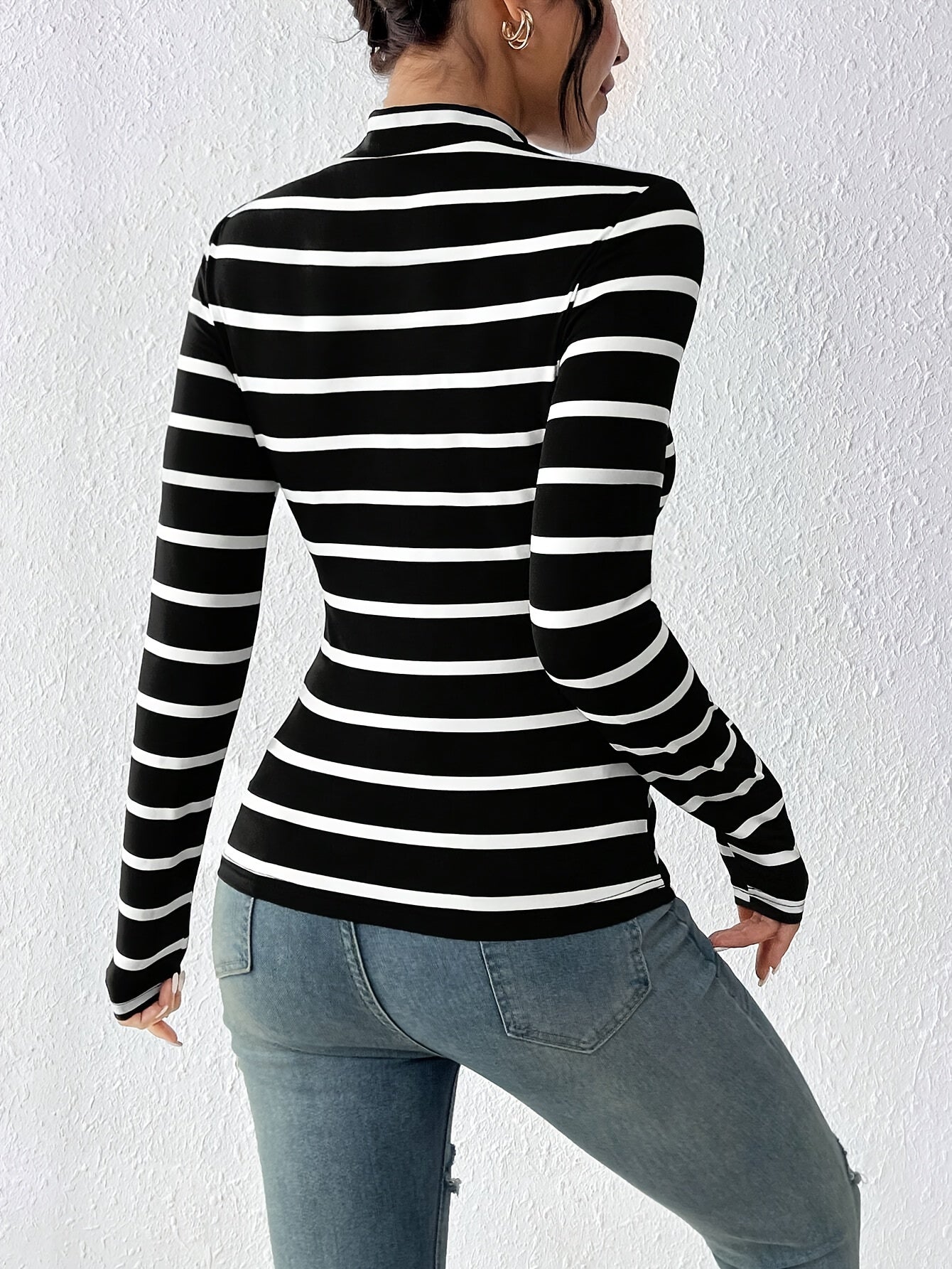 Damen Langarmshirt gestreift Stehkragen