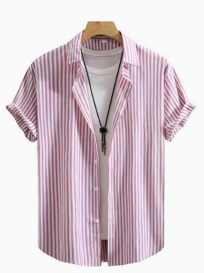 Men's Short-Sleeve Casual Shirt with Stripe Pattern and Open Collar – Summer Casual Shirt