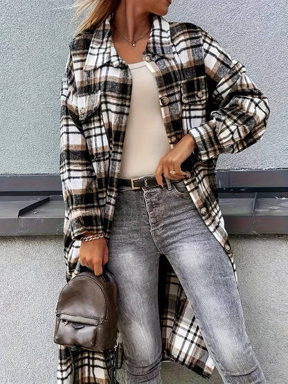 Women's Long Checked Oversize Shacket in Casual Look for Spring and Autumn