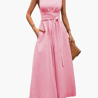 Women's Elegant Sleeveless Jumpsuit with Tie Belt and Wide Legs – Perfect for Summer and Leisure