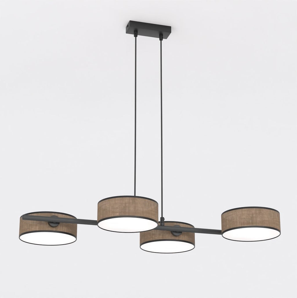 Lineaire hanglamp met vier cilindrische bruine geweven kappen aan een zwart frame