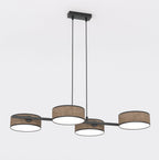 Lineaire hanglamp met vier cilindrische bruine geweven kappen aan een zwart frame