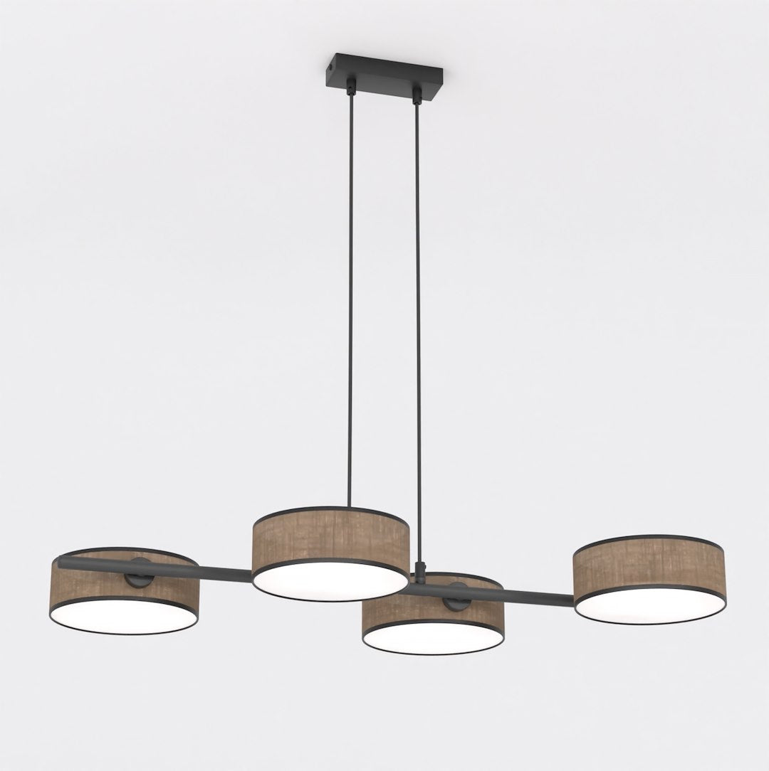 Lineaire hanglamp met vier cilindrische bruine geweven kappen aan een zwart frame
