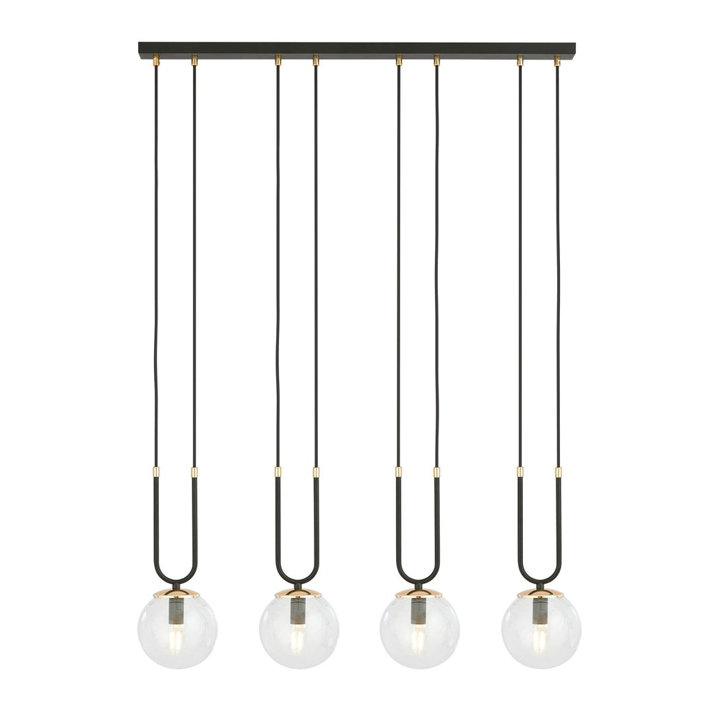 Zwarte hanglamp met vier transparante glazen bollen en goudkleurige details aan een lange plafondbalk