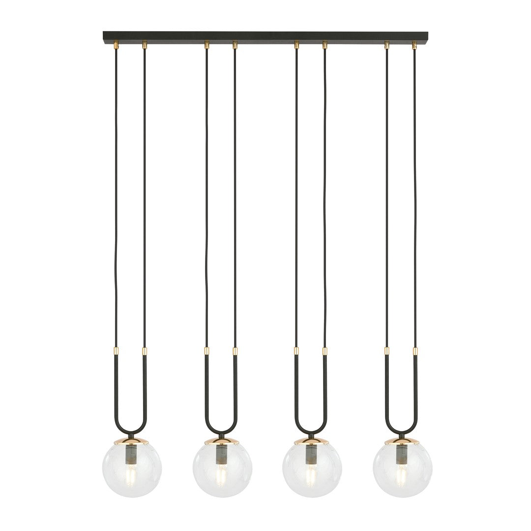 Zwarte hanglamp met vier transparante glazen bollen en goudkleurige details aan een lange plafondbalk