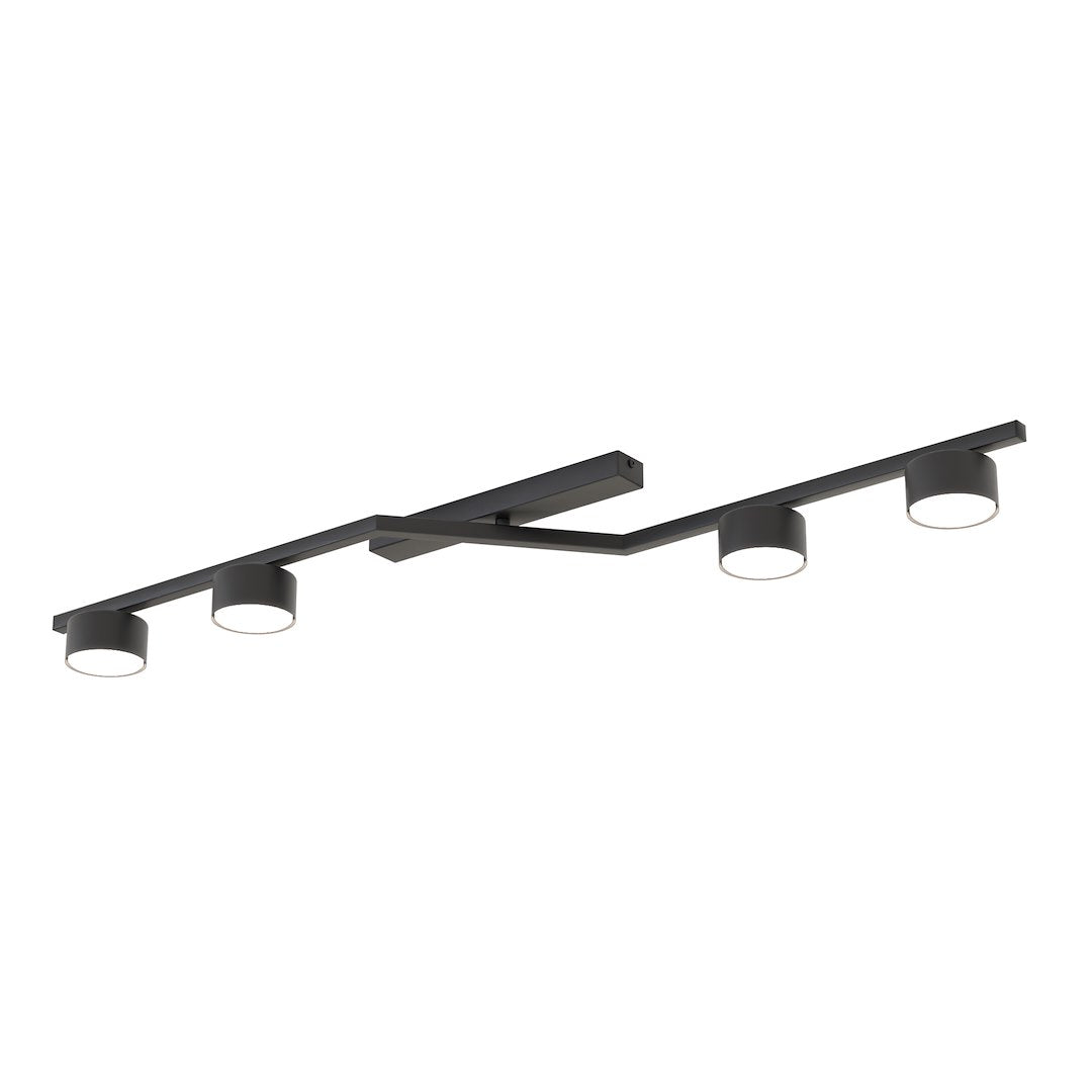 Zwarte plafondlamp met zigzagvormig frame en vier cilindervormige spots met wit lichtvlak