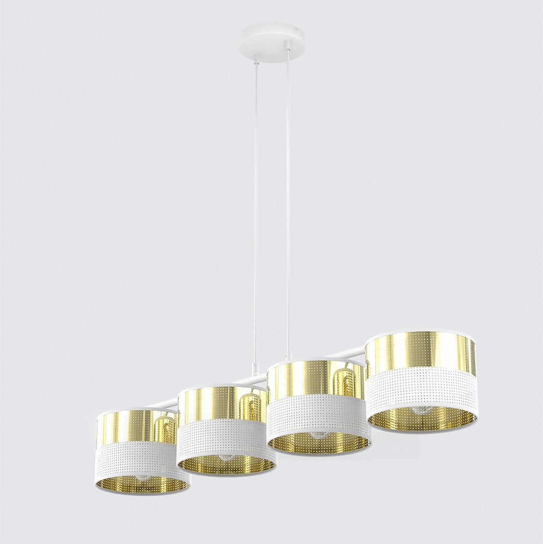 Witte hanglamp met vier cilindrische goudkleurige kappen met geperforeerd wit middenstuk aan twee dunne ophangsnoeren