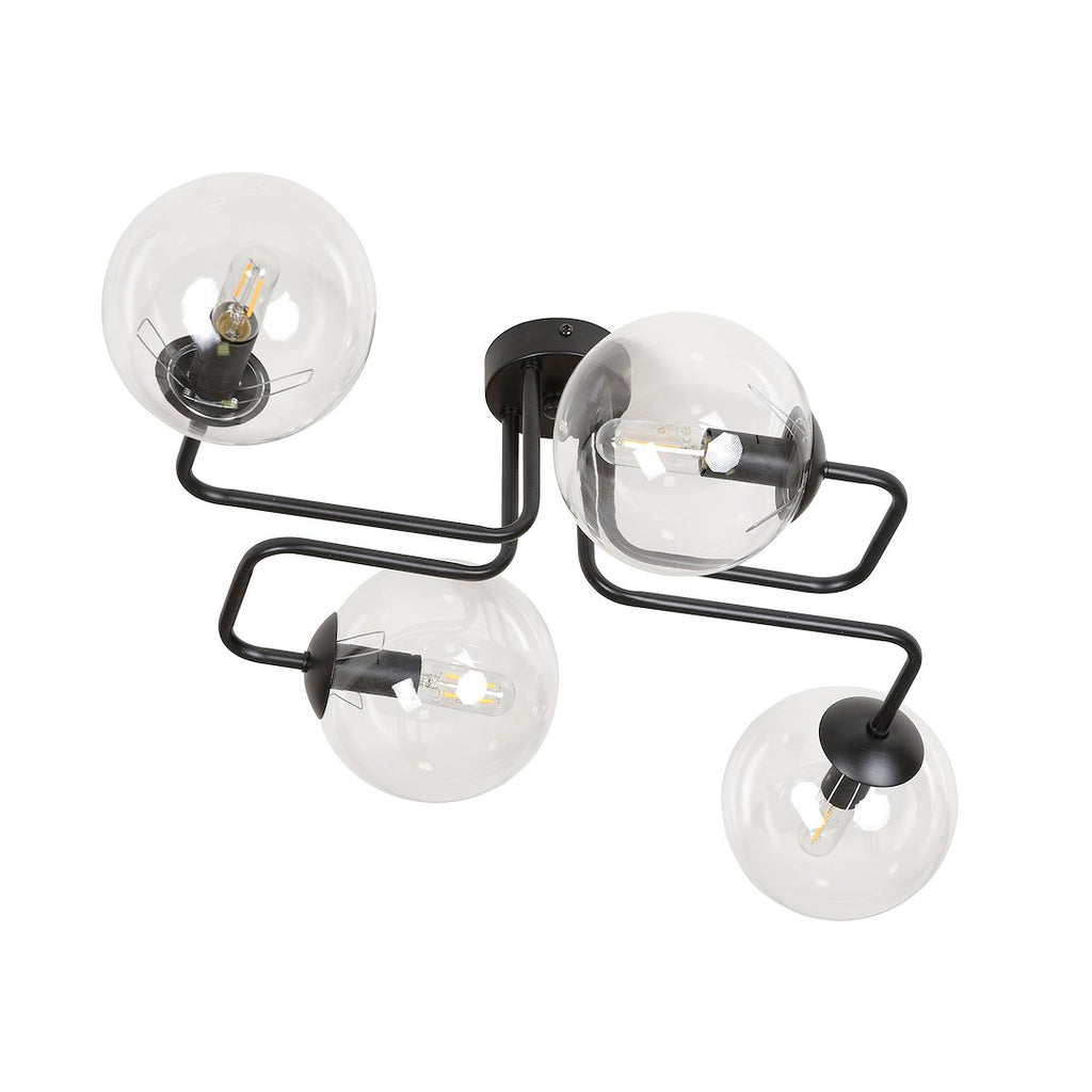 Zwarte plafondlamp met vier armen en transparante glazen bollen met zichtbare filamentlampen