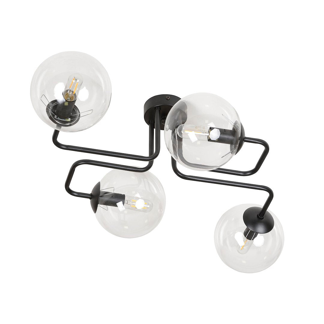 Zwarte plafondlamp met vier armen en transparante glazen bollen met zichtbare filamentlampen