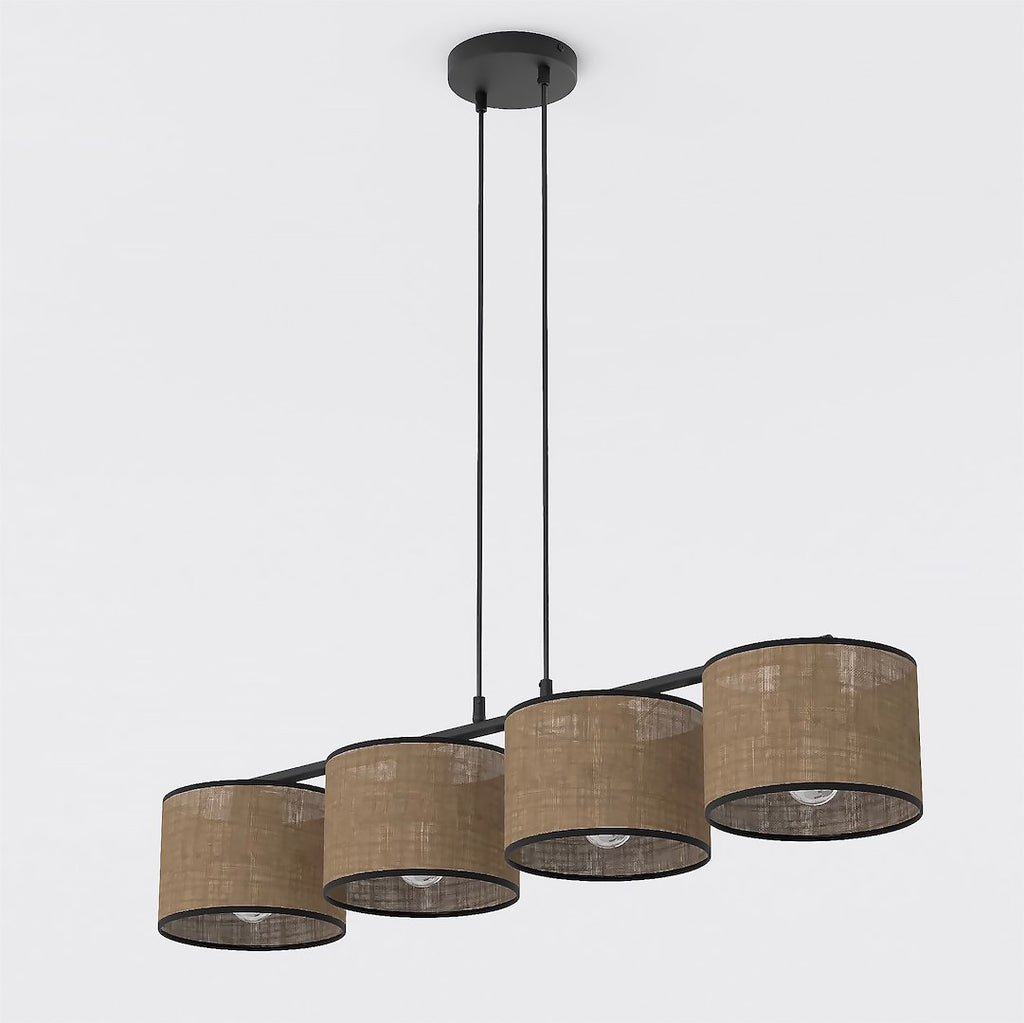 Hanglamp met vier bruine stoffen kappen met zwarte rand aan een zwart stalen frame en twee ophangsnoeren