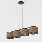 Hanglamp met vier bruine stoffen kappen met zwarte rand aan een zwart stalen frame en twee ophangsnoeren