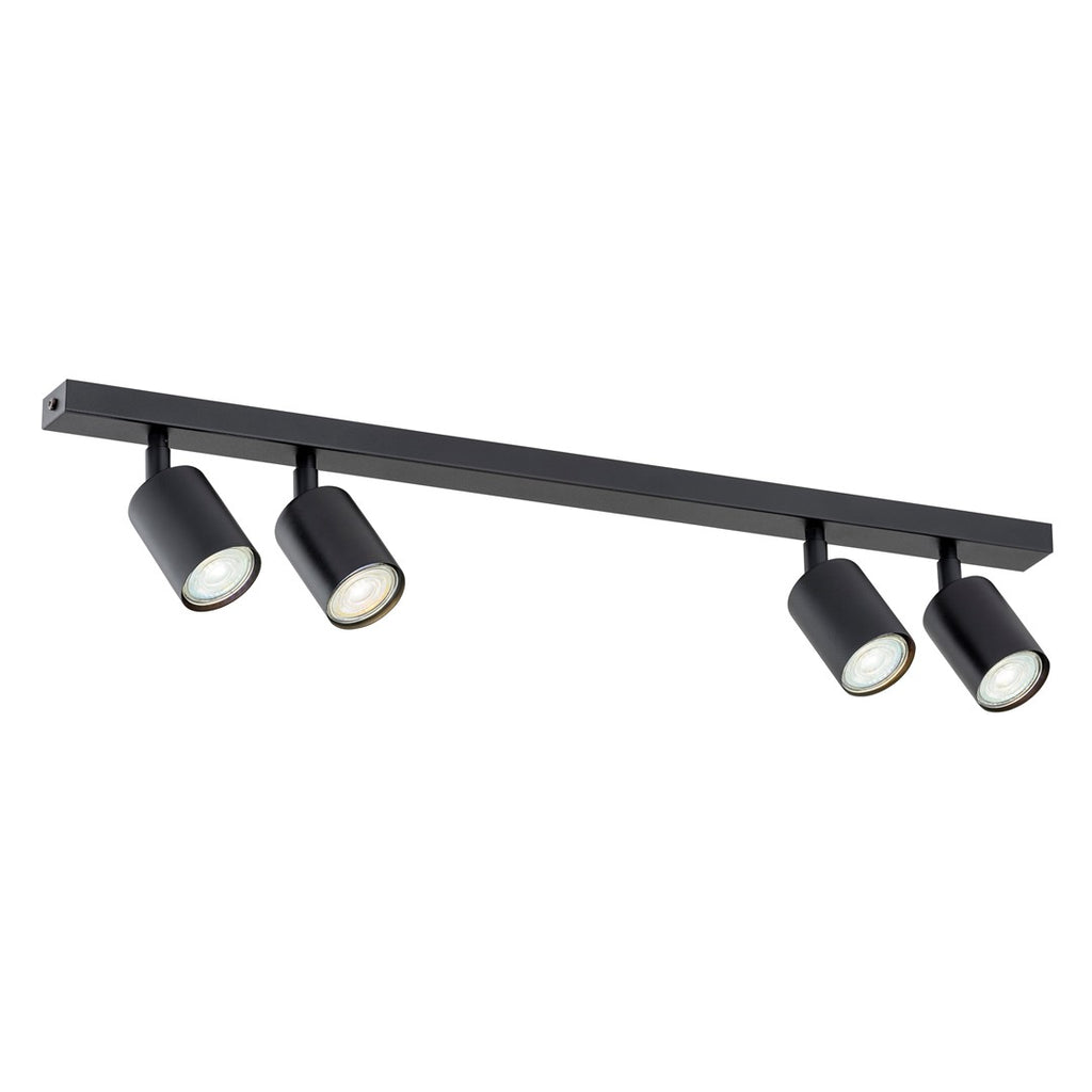 Zwarte plafondlamp met rechte balk en vier cilindervormige spots met GU10-lampen