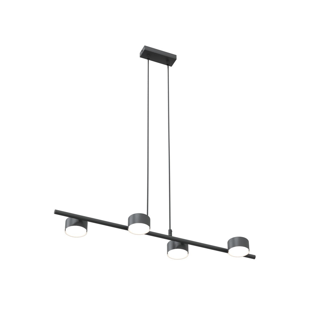 Zwarte hanglamp met horizontale balk en vier cilindervormige lichtpunten, opgehangen aan twee dunne staven
