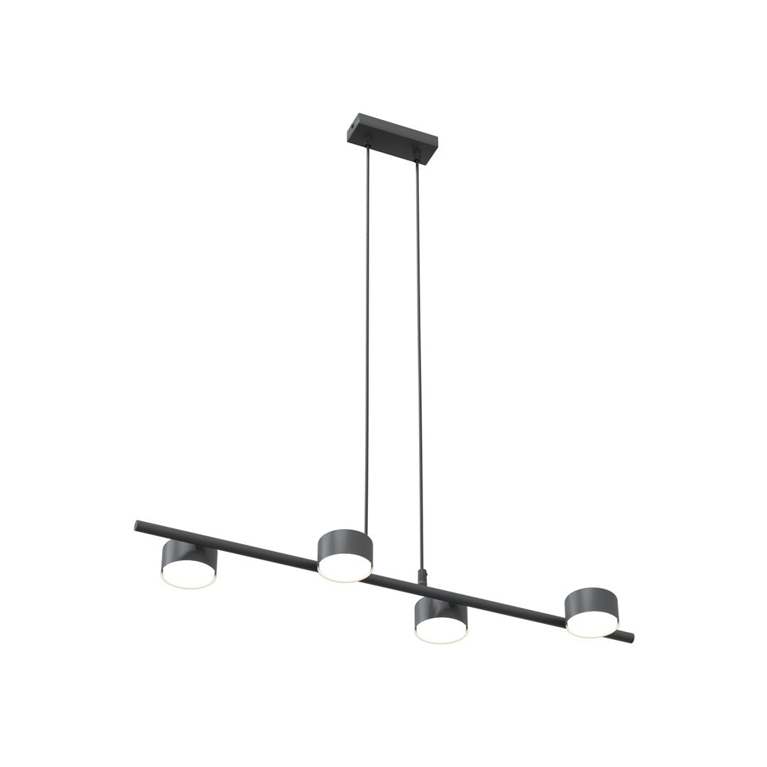 Zwarte hanglamp met horizontale balk en vier cilindervormige lichtpunten, opgehangen aan twee dunne staven