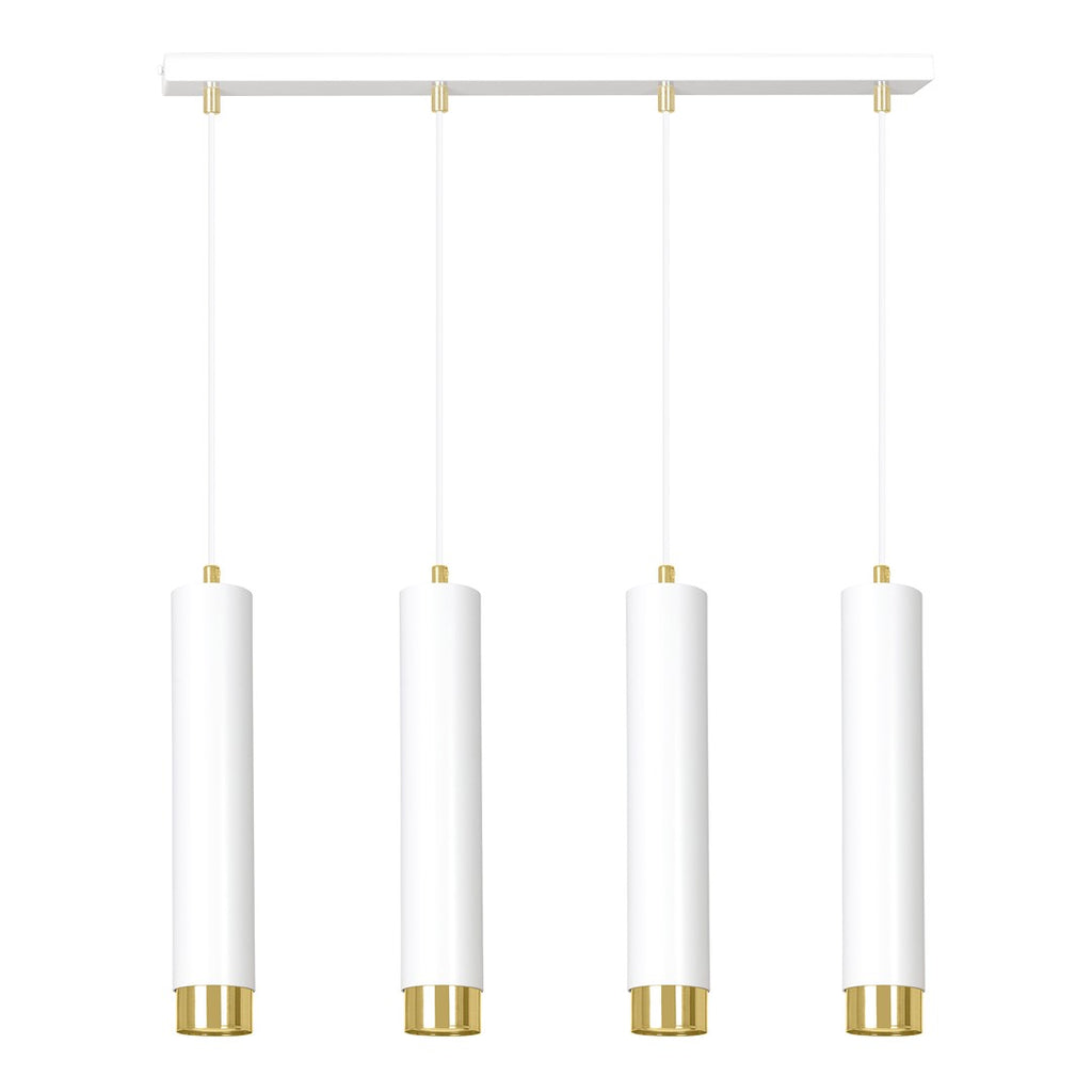 Witte hanglamp met vier buisvormige kappen met gouden accenten aan een rechte plafondbalk