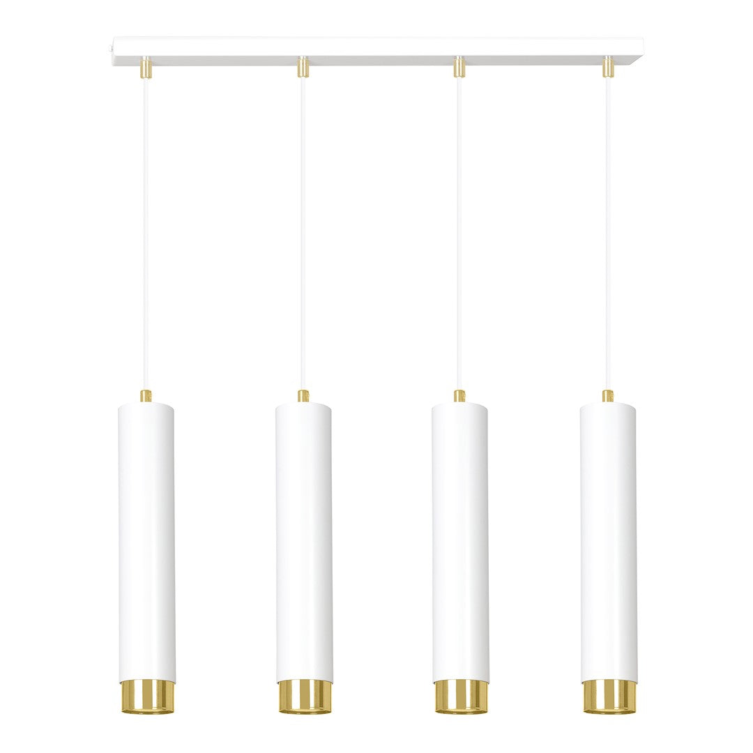 Witte hanglamp met vier buisvormige kappen met gouden accenten aan een rechte plafondbalk