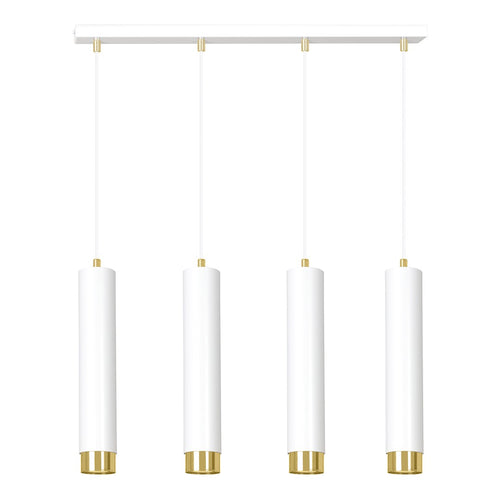 Witte hanglamp met vier buisvormige kappen met gouden accenten aan een rechte plafondbalk