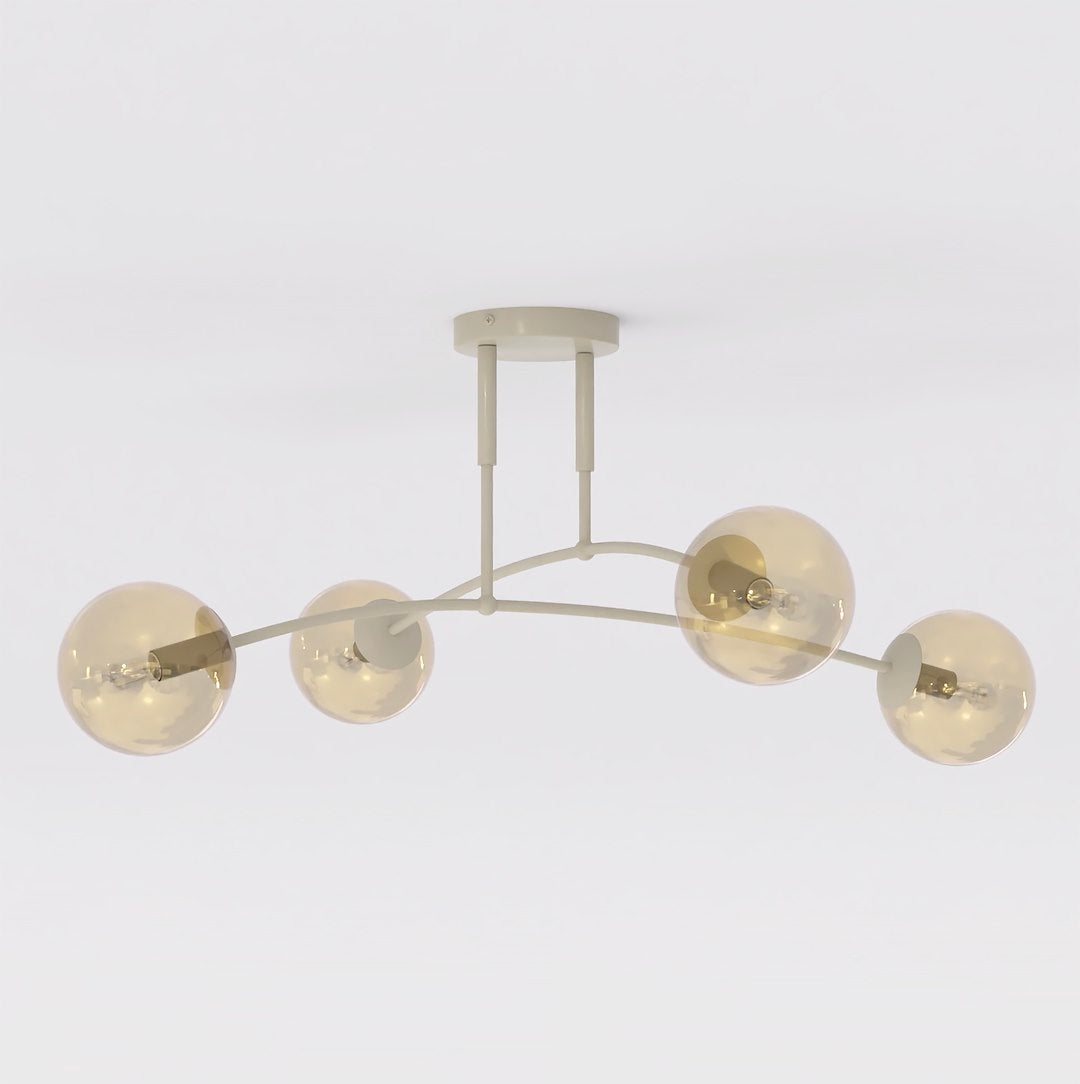 Beige plafondlamp met gebogen arm en vier bolvormige amberkleurige glazen kappen