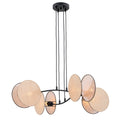 Zwarte hanglamp met vier beige stoffen cirkelvormige kappen aan vier zwarte snoeren en een ronde plafondplaat
