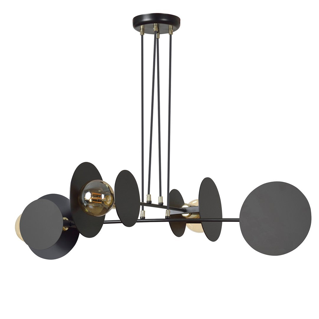 Zwarte hanglamp met ronde metalen schijven, gouden details en vier lichtpunten met bolvormige lampen