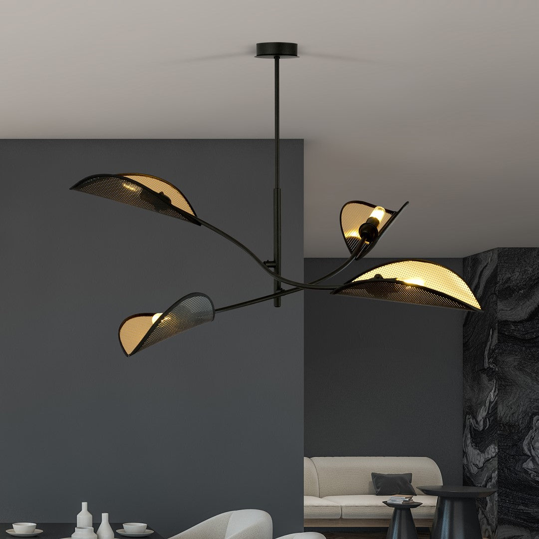 Plafondlamp gepoedercoat staal modern Lotus zwart goud, 4 lichtpunten, 102 x 51 cm, woonkamer en slaapkamer