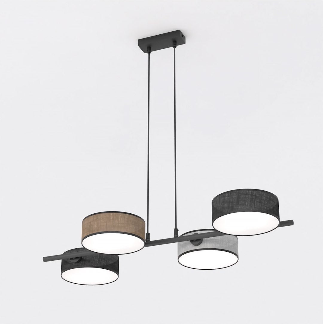 Hanglamp gepoedercoat staal Japandi zwart, 4 geweven kappen Ø 20 cm, 4 x E14 – eettafel en keukeneiland