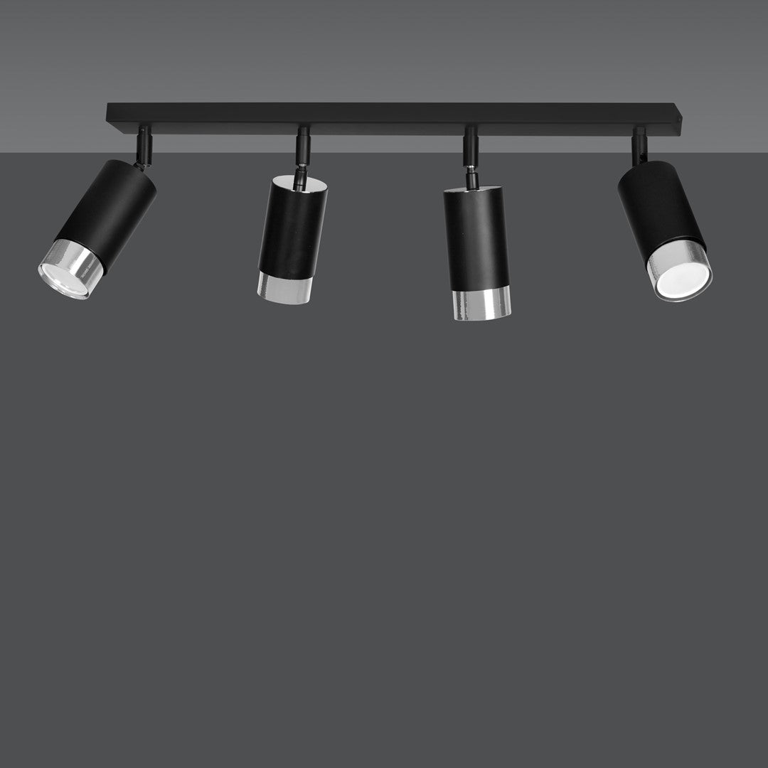 Plafondlamp gepoedercoat staal modern Hiro zwart zilver, 4 verstelbare spots, breedte 60 cm, voor hal en keuken