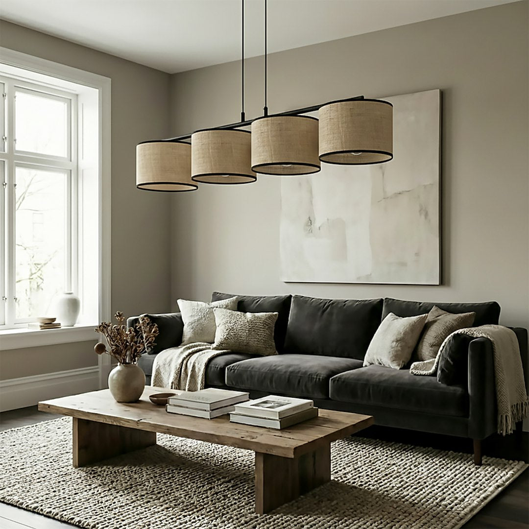 Hanglamp 4 lichts gepoedercoat staal en rotan, minimalistisch Eco, zwart, 96 cm breed, voor kookeiland en eettafel