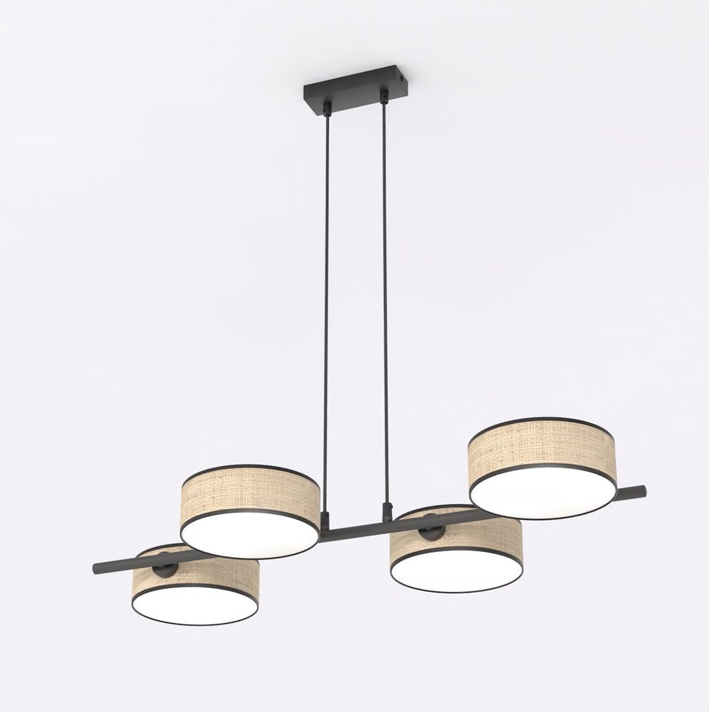 Hanglamp rotan gepoedercoat staal Drumz Japandi zwart, 4 kappen Ø 20 cm – 80 x 46 x 120 cm, eettafel en keukeneiland
