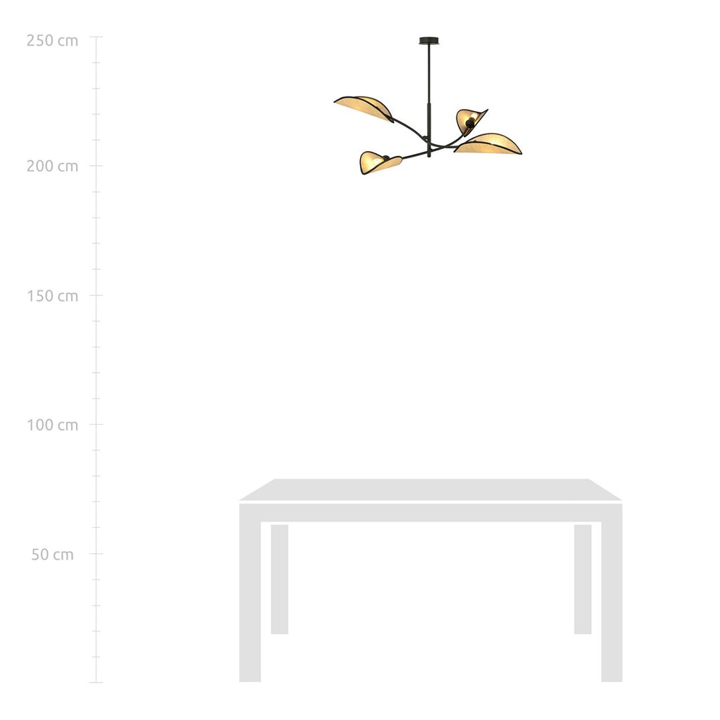 Plafondlamp Lotus gepoedercoat staal en rotan, boho, zwart met naturel kappen, 4 lichtpunten, 102 x 51 cm