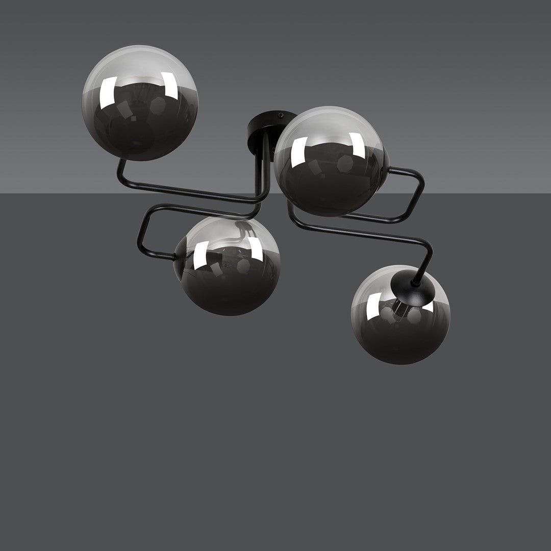 Plafondlamp gepoedercoat staal en glas Brendi, zwart met grafiet glazen kappen, 4 lichts, 55 x 32 cm