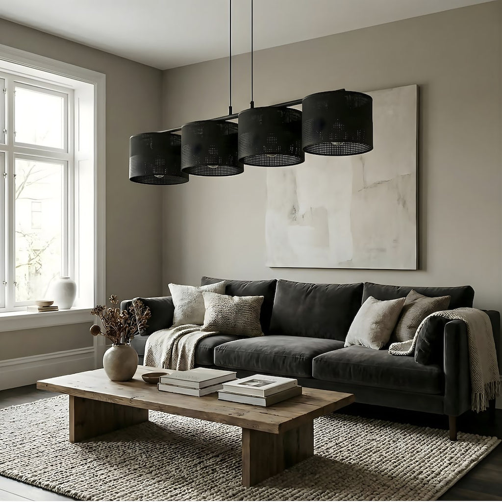 Hanglamp staal met stoffen kap Karbon, minimalistisch, zwart, 4 lichtpunten, 96 cm breed, eettafel en keukeneiland